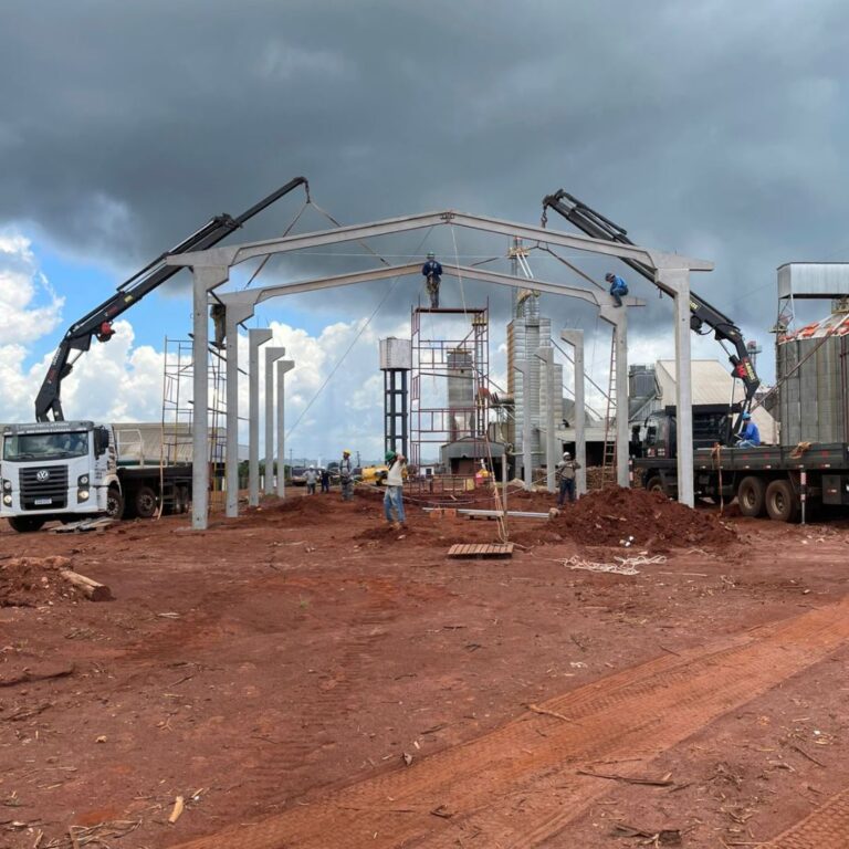 Pilares e vigas de concreto pré-moldado formando a estrutura de um galpão industrial em fase inicial de construção, com fundações e área de obra ao fundo.